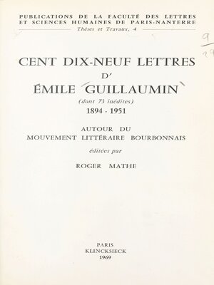 cover image of Cent dix-neuf lettres d'Émile Guillaumin, dont 73 inédites, 1894-1951